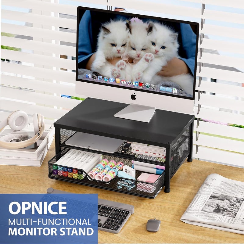 OPNICE Computer Monitor Stand Riser, Desk Organizer with Drawer, Laptop Stand, Office Desk Accessories & Workspace Desktop Organizers Storage for Office Supplies(Black) - Image 2